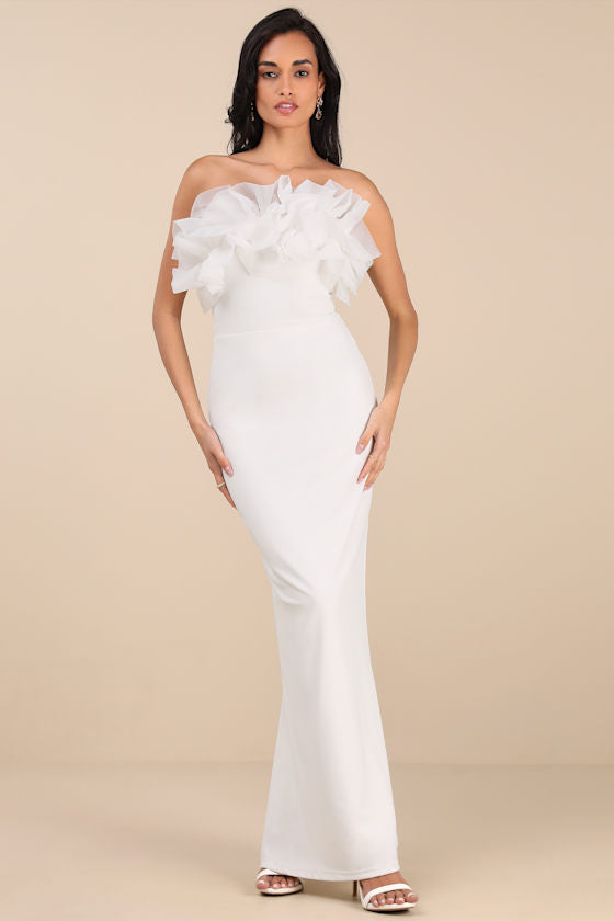 Evening Excellence Black Ruffled Strapless Mermaid Maxi Dress