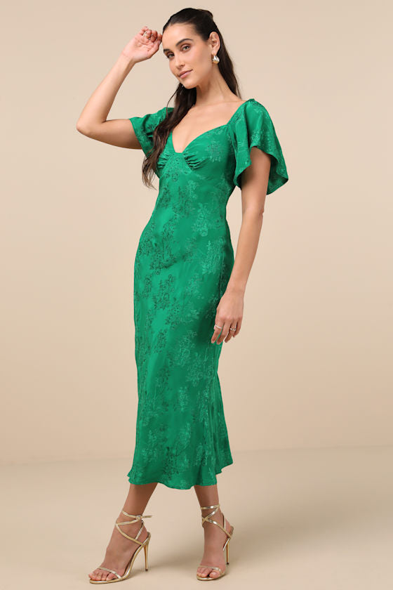 Effervescent Afternoon Slate Satin Flutter Sleeve Midi Dress
