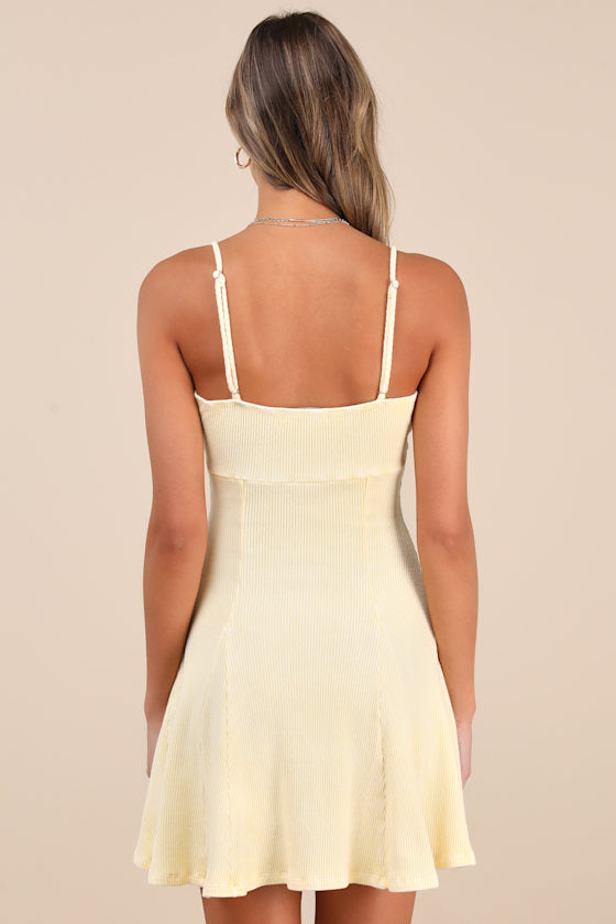 Simply Pretty Washed Yellow Ribbed Pleated Sleeveless Mini Dress