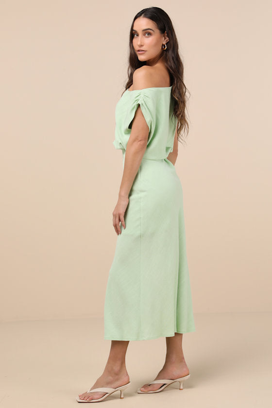 Casual Enchantment Red Linen Off-the-Shoulder Midi Dress