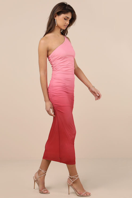 Beautiful Perception Blue Ombre One-Shoulder Mesh Midi Dress