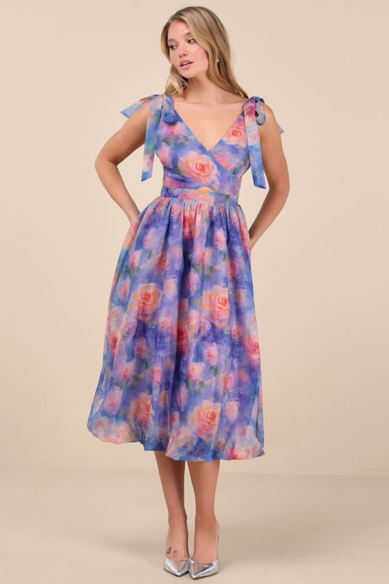 Flowering Day Dream Magenta Floral Organza Midi Bubble Dress