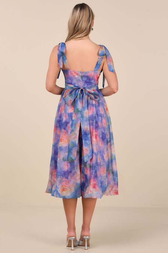 Flowering Day Dream Magenta Floral Organza Midi Bubble Dress