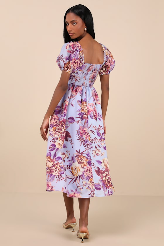 Adorable Tendencies Periwinkle Floral Puff Sleeve Midi Dress