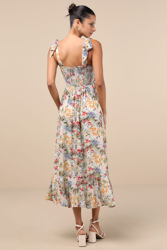 Summer Invite White and Blue Toile Tie-Strap Tiered Midi Dress