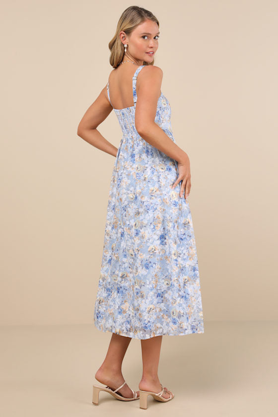 Colwyn Blue Floral Jacquard Bustier Midi Dress