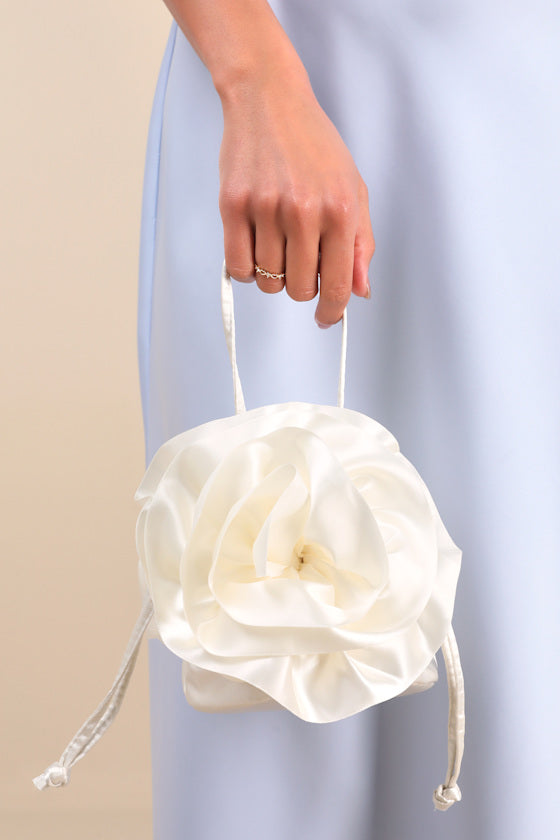 Reeta Ivory Satin Rosette Bucket Bag
