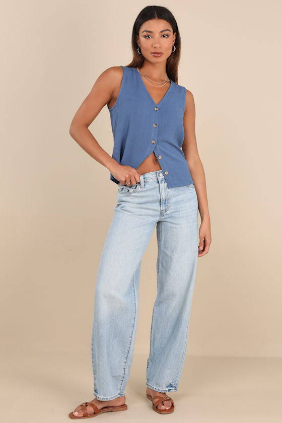 Casually Sophisticated Brown Linen Sleeveless Button-Front Top