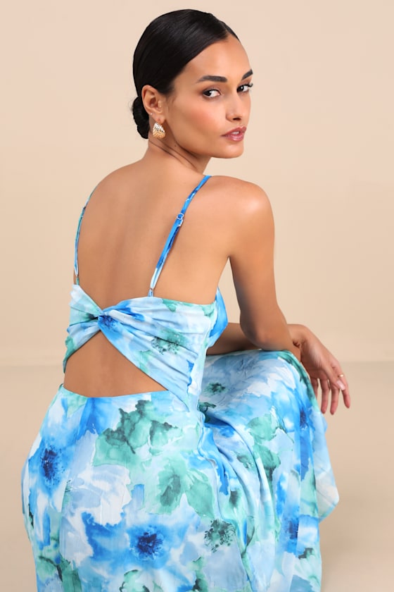 Radiant Feelings Blue and Purple Floral Chiffon Midi Dress