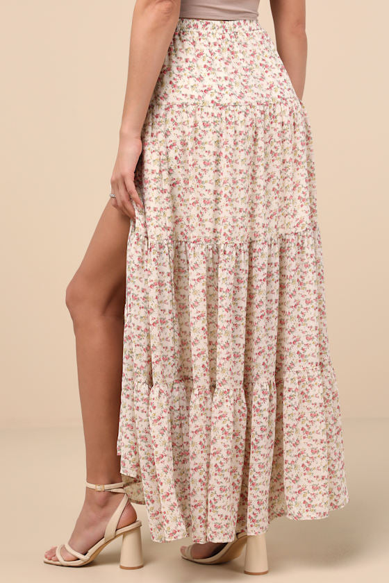 Subtle Sweetness Black Floral Print Tiered Maxi Skirt