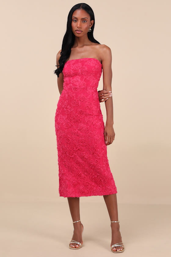 Flawless Perfection Blue Floral Applique Strapless Midi Dress