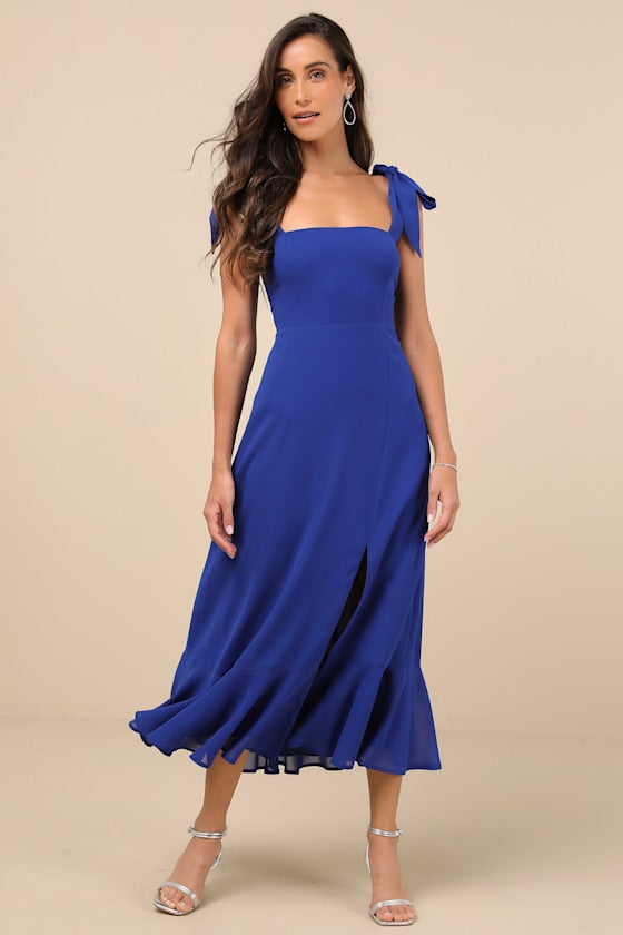 Summer Invite White and Blue Toile Tie-Strap Tiered Midi Dress
