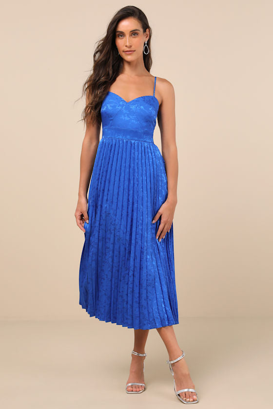 Regal Romance Sage Floral Jacquard Pleated Satin Midi Dress