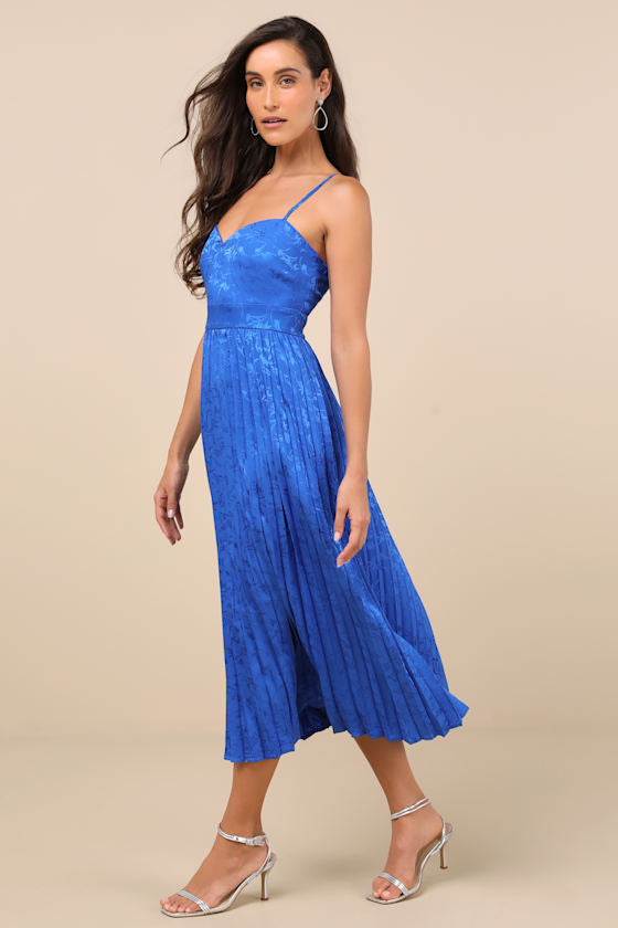 Regal Romance Emerald Floral Jacquard Pleated Satin Midi Dress