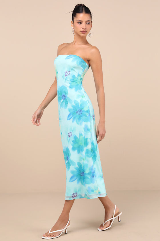 Jaylah Light Blue Multi Mesh Strapless Midi Dress