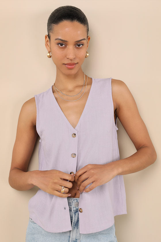 Casually Sophisticated Brown Linen Sleeveless Button-Front Top