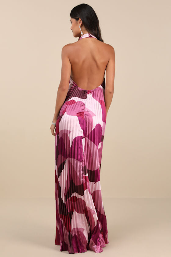 Prime Poise Green and Blue Abstract Satin Halter Maxi Dress