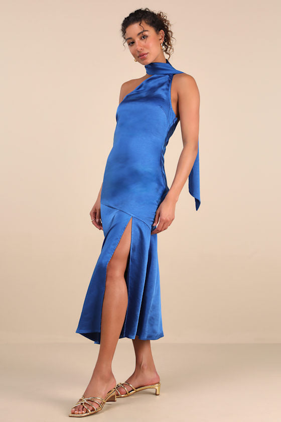 Reglan Lime Satin One-Shoulder Sash Midi Dress