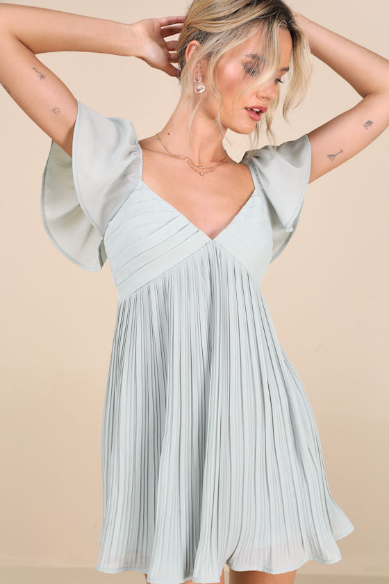 Amalfi Coast Light Blue Pleated Flutter Sleeve Mini Dress