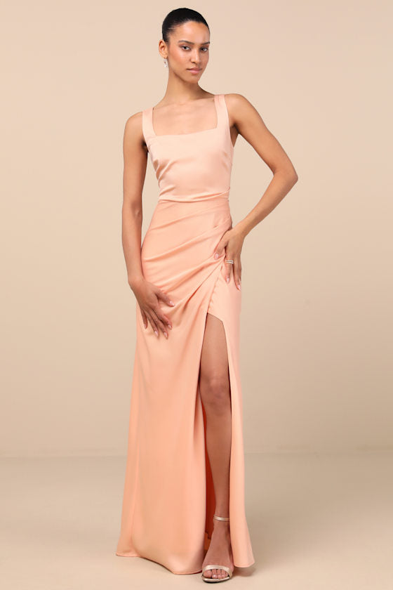 Red Carpet Romance Light Blue Satin Square Neck Maxi Dress