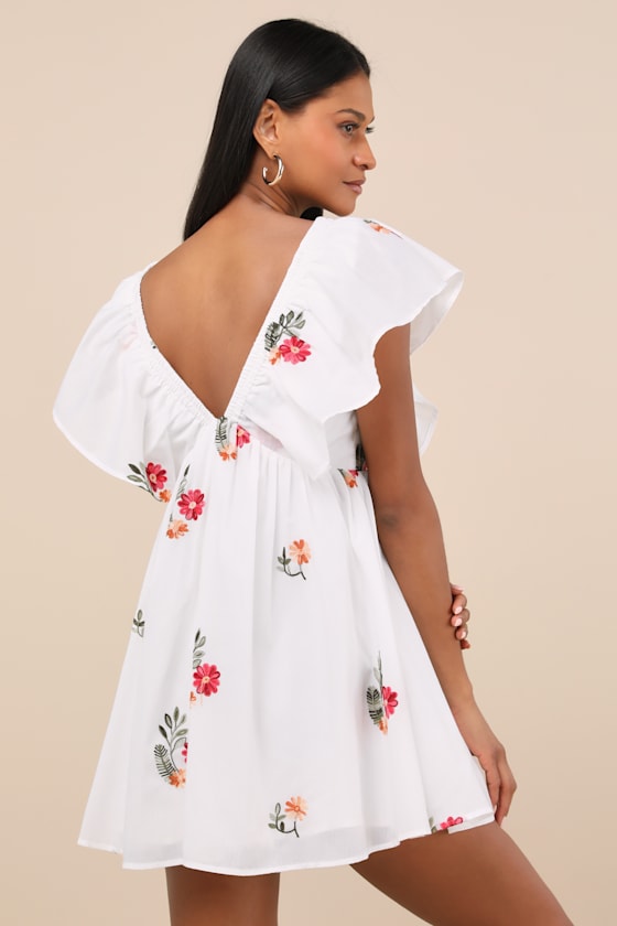Kory Ivory Embroidered Flutter Sleeve Mini Dress
