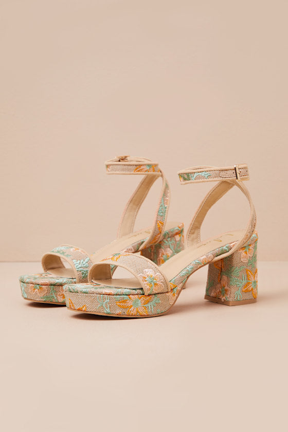Elodina Multi Floral Raffia Platform High Heel Sandals