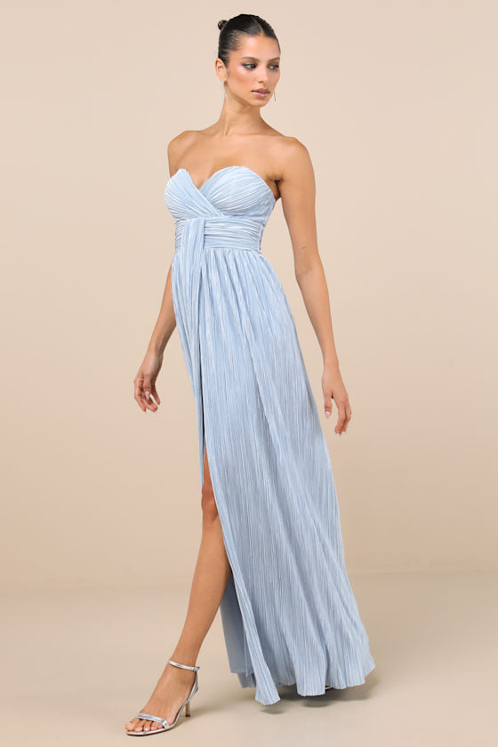 Oswin Lime Green Satin Plisse Strapless Maxi Dress