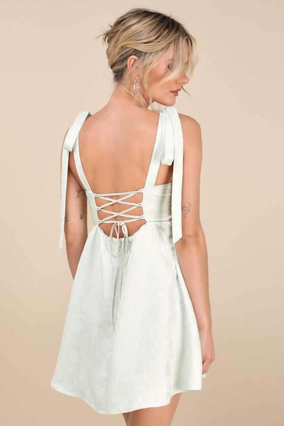Precious Allure White Jacquard Tie-Strap Mini Dress