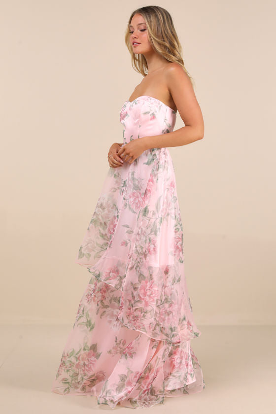 Truly Extraordinary Purple Floral Organza Strapless Maxi Dress