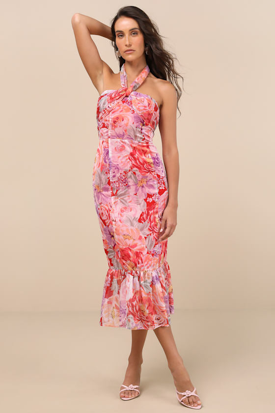 Juno Blue Multi Floral Halter Trumpet Midi Dress
