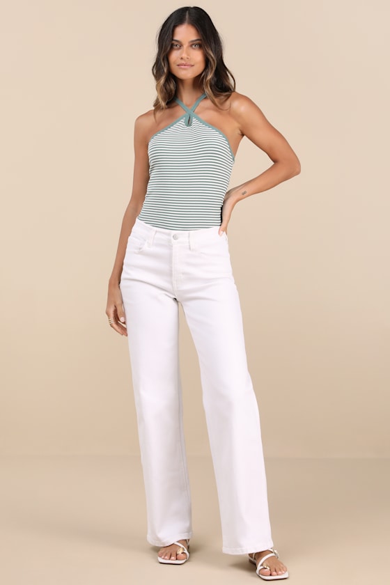 Delightful Pose Beige Striped Ribbed Knit Keyhole Halter Top