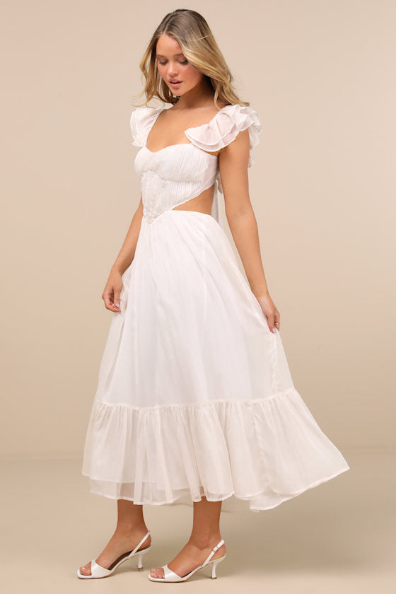 Mio Ivory Pleated Tie-Back Midi Dress