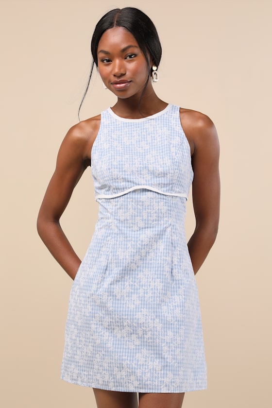 Berendina Blue Gingham Embroidered Mini Dress