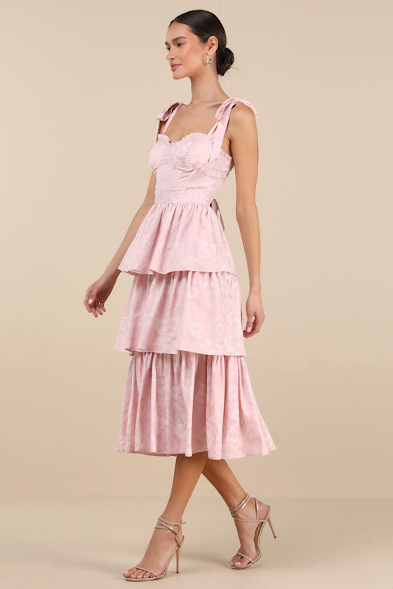 Lovely Bliss Blue Floral Jacquard Strapless Bustier Midi Dress