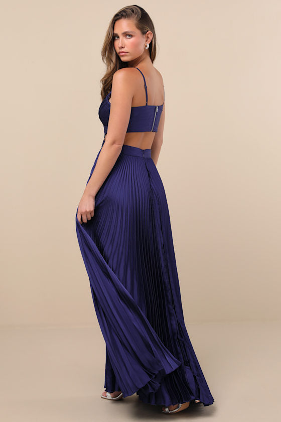 Got the Glam Blue Pleated Cutout Maxi Dress