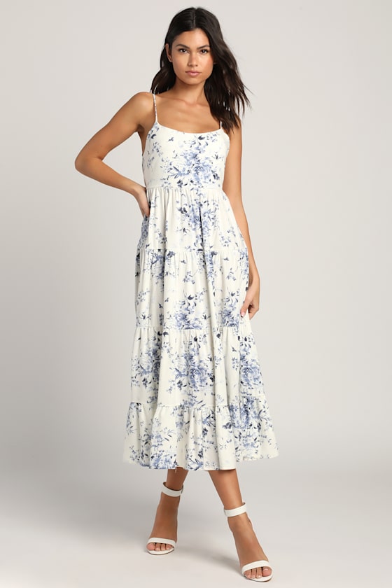 Mykonos Mood Pink and Ivory Floral Tie-Strap Tiered Midi Dress