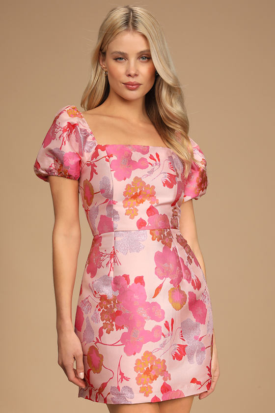 So Stunning Navy Blue Floral Jacquard Puff Sleeve Mini Dress