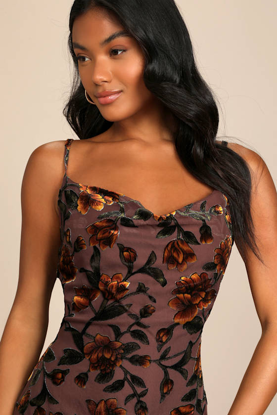 Romance in the Making Beige Floral Print Velvet Maxi Dress