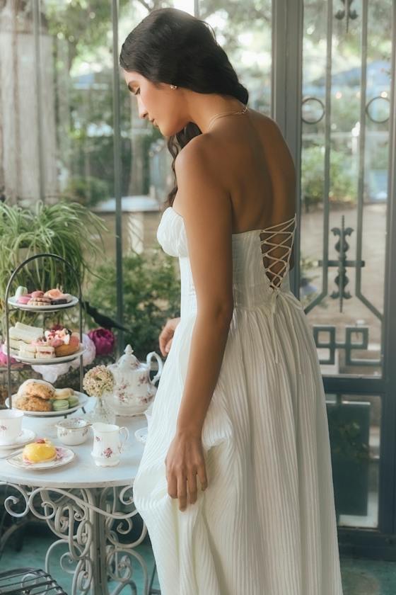 Aspen Pale Yellow Plisse Strapless Bustier Midi Dress