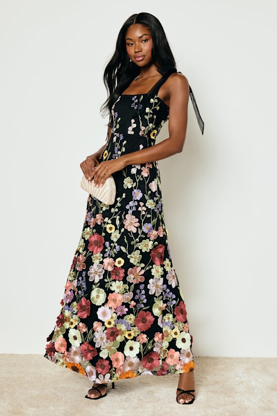 Thriving Poise Blush 3D Floral Embroidered Tie-Strap Maxi Dress