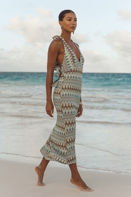 Majesty Turquoise and Brown Crochet Halter Midi Dress