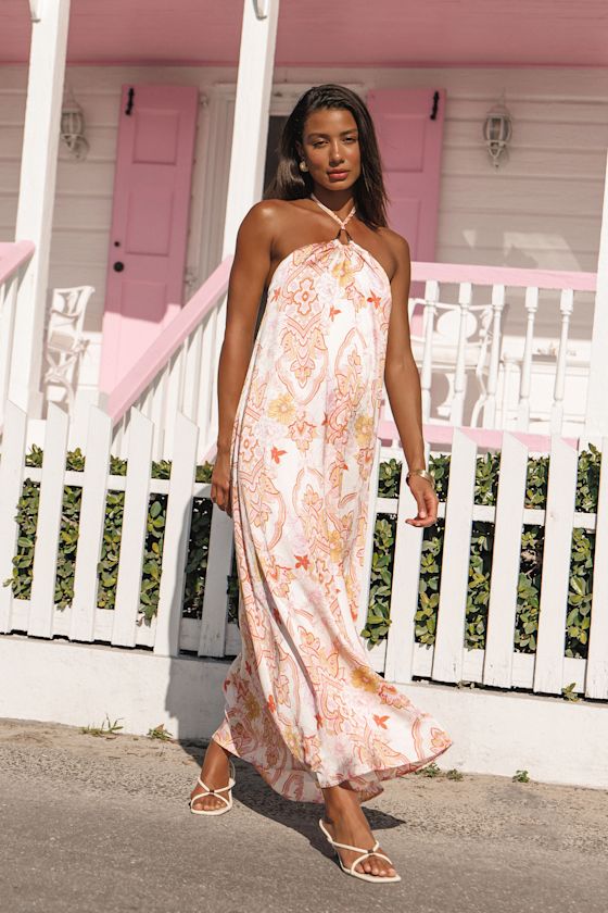 Nikoletta Coral Pink Paisley Print Halter Maxi Dress
