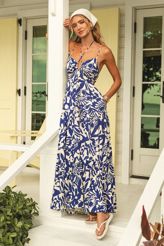 Mykonos Memories Blue and Ivory Abstract Maxi Dress With Pockets