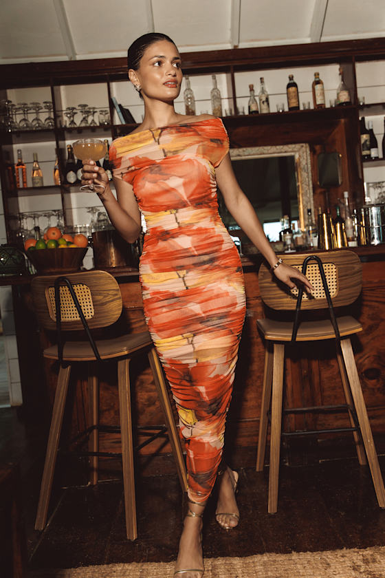 Sunama Taupe Abstract Mesh Ruched Bodycon Midi Dress