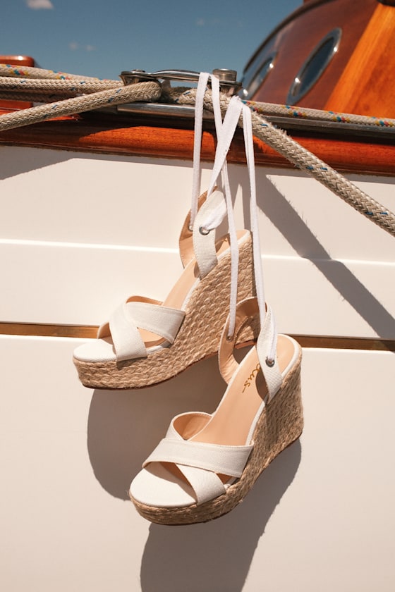 Esme White Lace-Up Espadrille Wedges