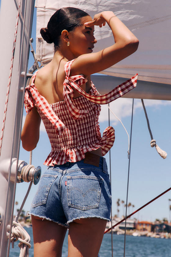 501 Original High Rise Medium Wash Distressed Denim Shorts