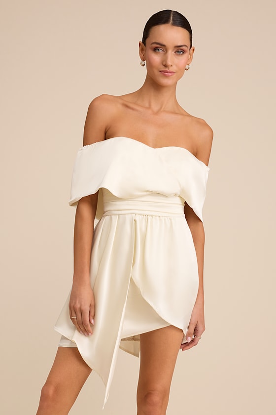 Always Celebrating Mauve Pink Satin Off-the-Shoulder Mini Dress