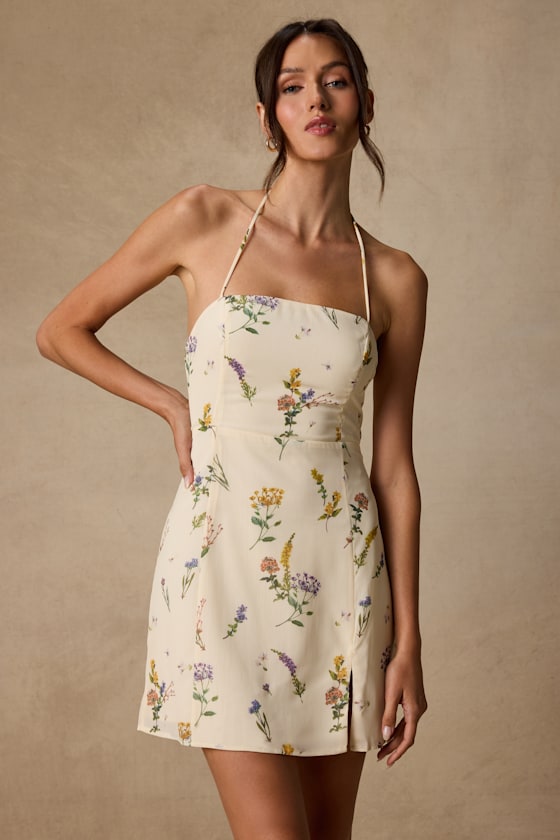 Catch the Bouquet Lime Green Floral Halter Lace-Up Mini Dress