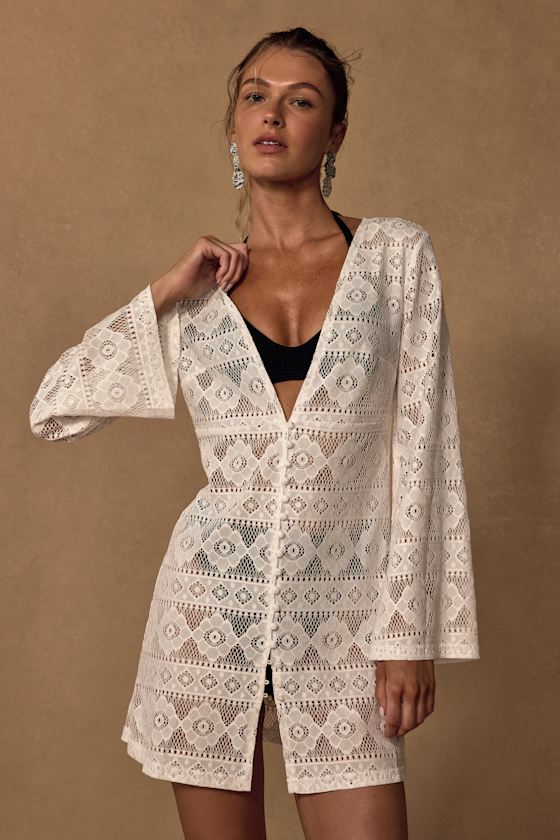 City of Angels White Crochet Lace Button-Up Swim Cover-Up