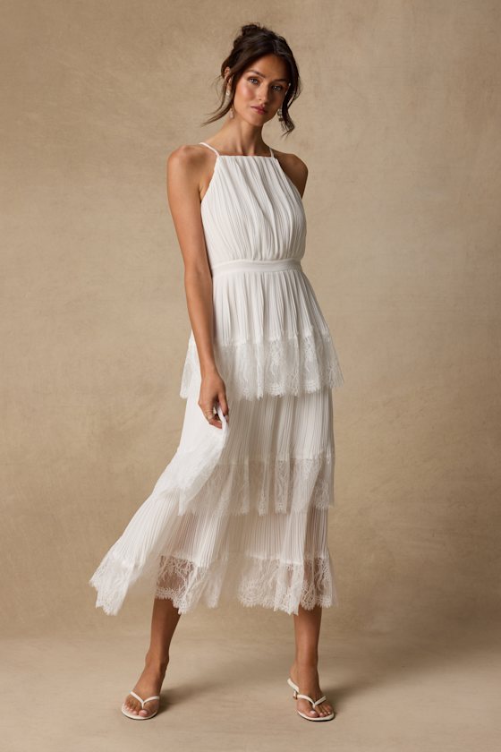 Came For Cocktails Light Blue Pleated Tiered Lace Maxi Dress